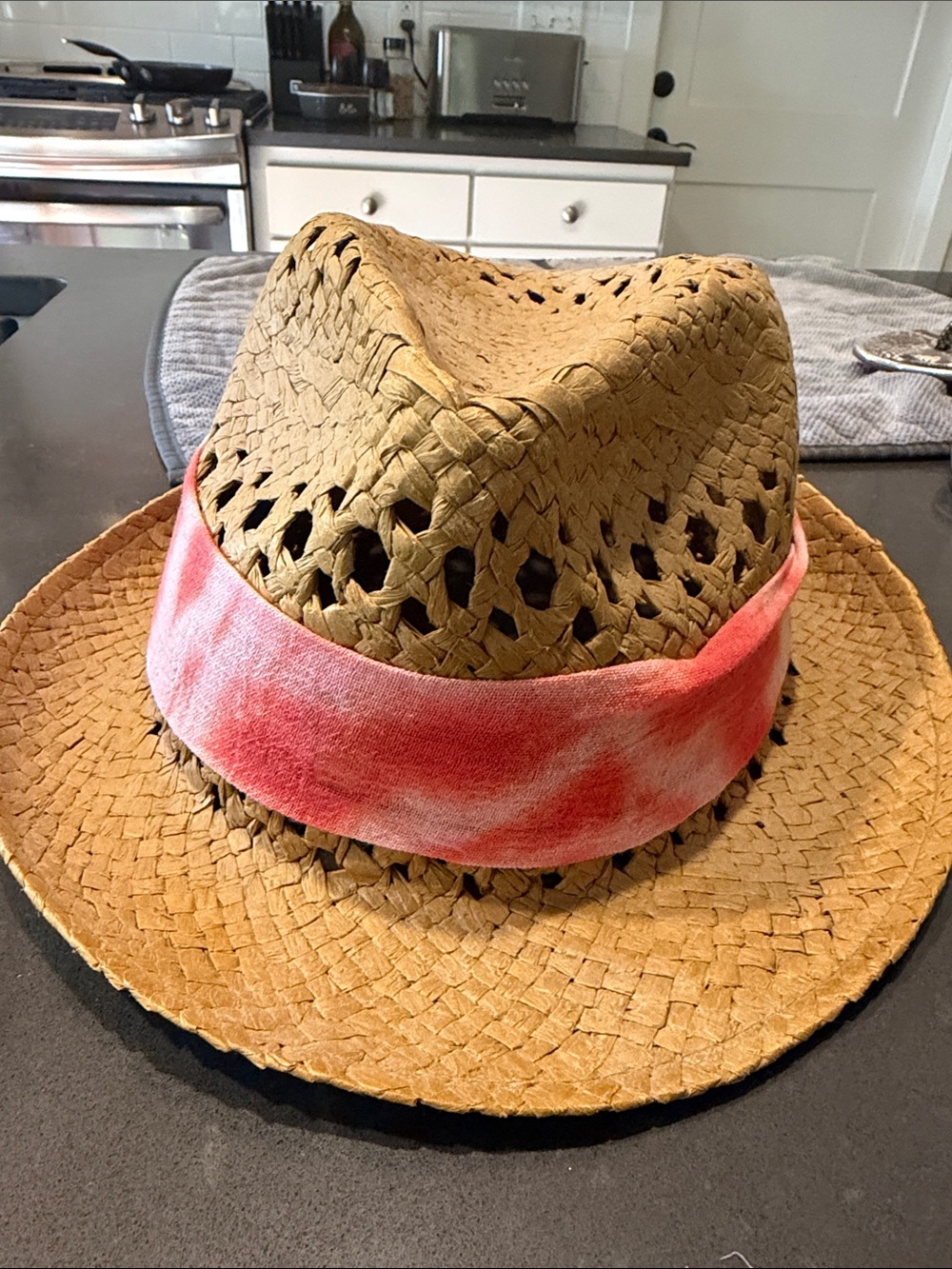 Straw Fedora Hat with Pink Tie-Dye Band